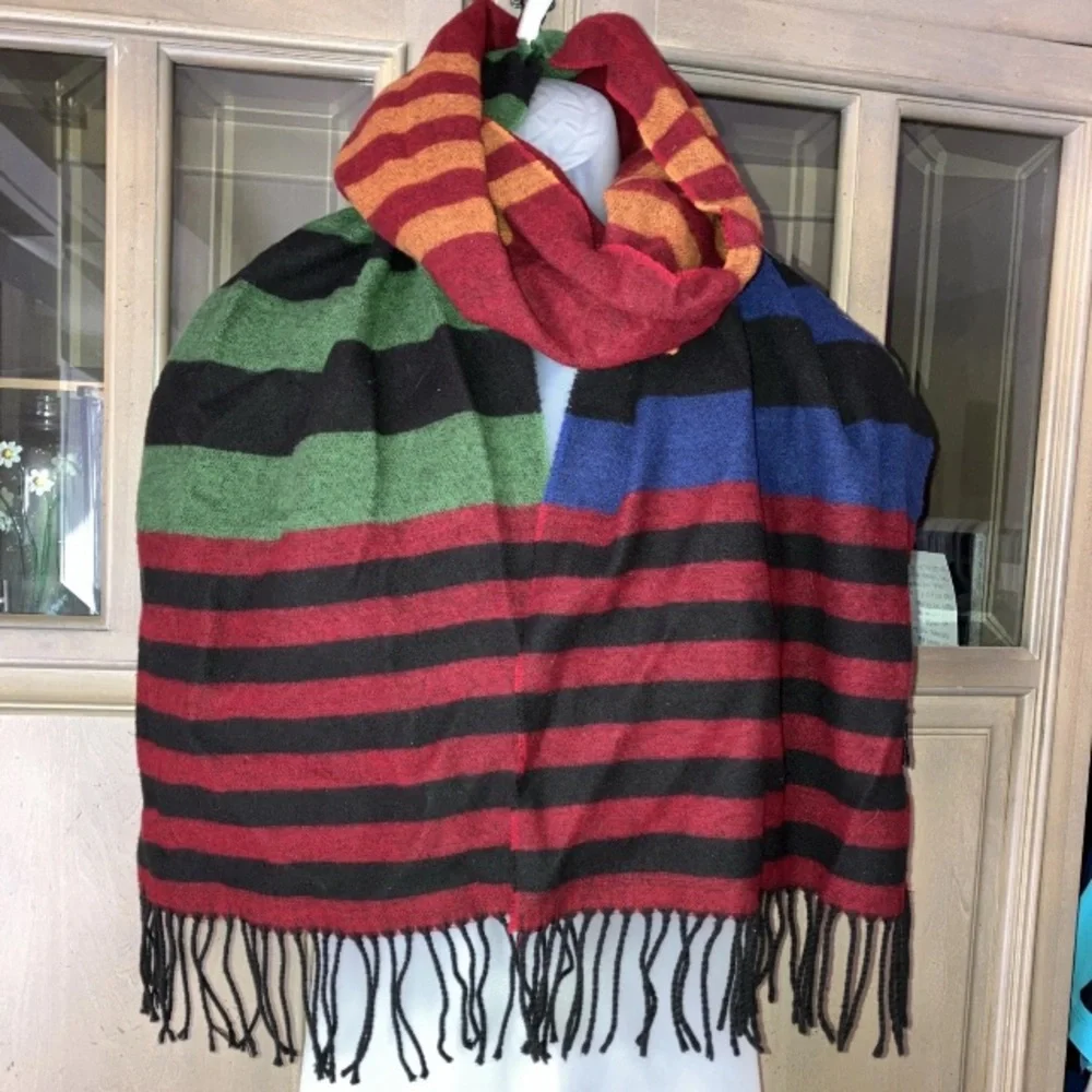 Lord & Taylor Vintage Soft Warm 100% Acrylic Striped Fringe Hem Scarf Multicolor